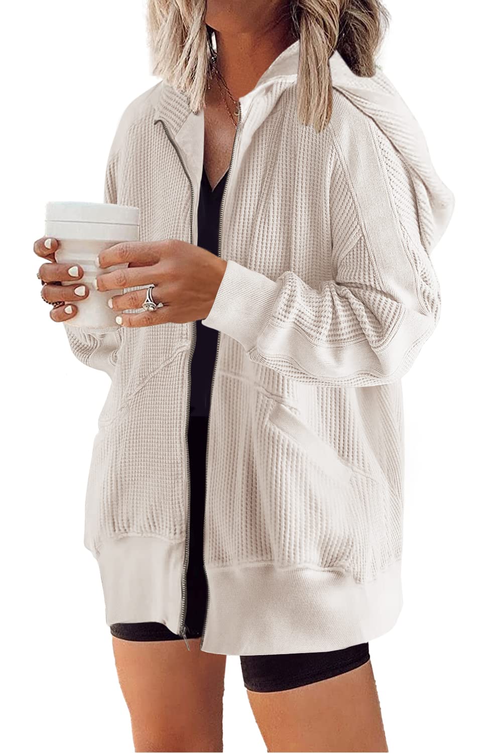 Yanekop Women's Oversized Zip Up Hoodie Jacket - Waffle Knit Shacket Coat with Pockets for Fall Outfits | Cozy Layering for Autumn, Casual Streetwear & Outdoor Activities