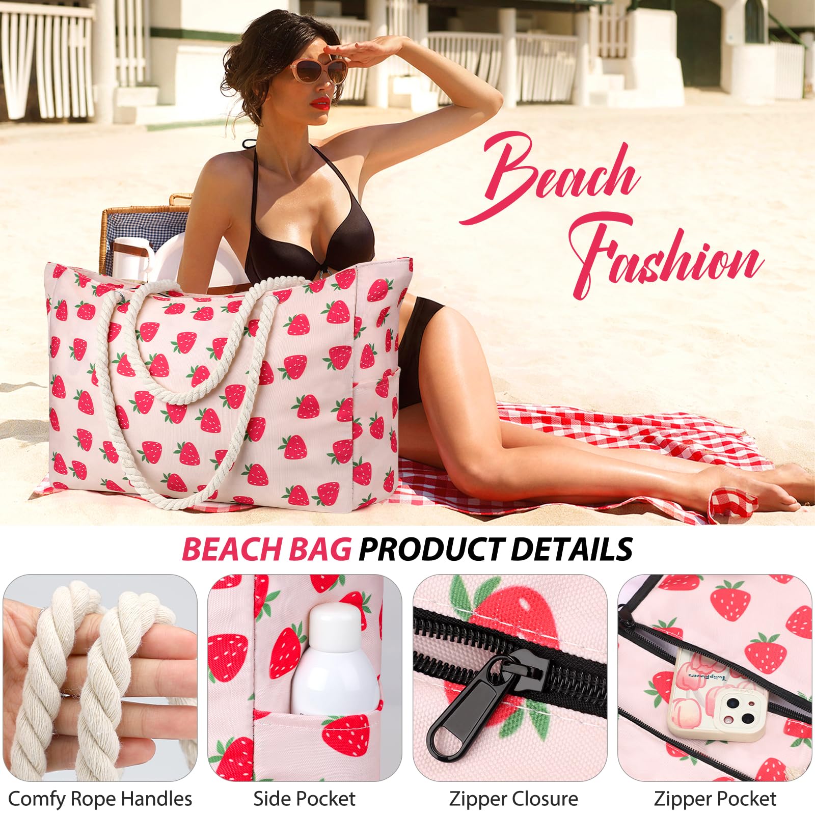 KPX Large Waterproof Beach Bag with Zipper - Oversized Swim Tote for Women, Gym Bag for Travel, Pool & Beach Essentials - Perfect for Vacation, Yoga & Summer Outings