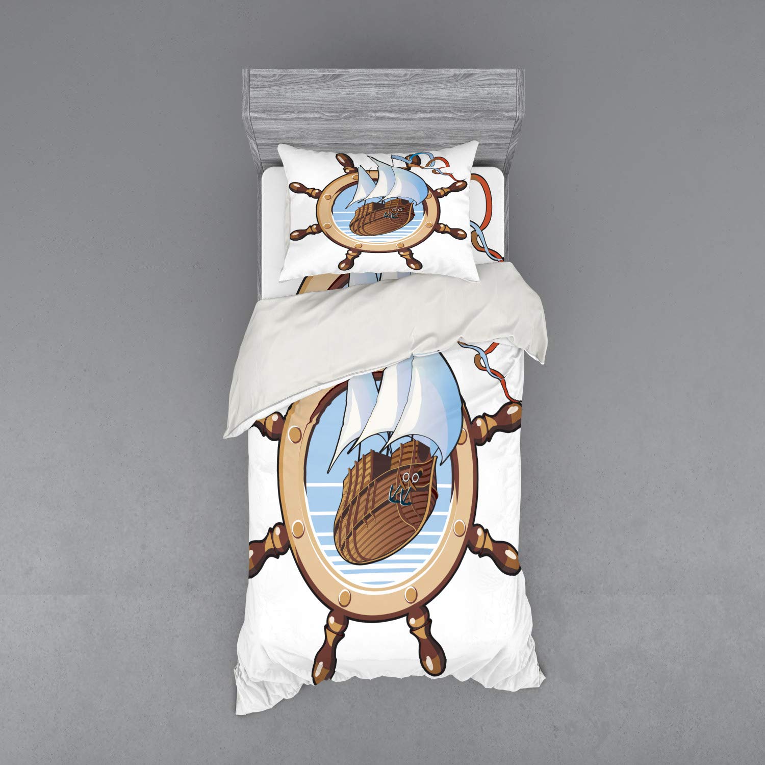 Ambesonne Nautical Ship Wheel Duvet Cover Set - 3 Piece Twin XL Bedding with Sham & Fitted Sheet, Brown Blue Maritime Theme - Perfect for Coastal, Beach House or Sailor-Themed Bedroom Decor