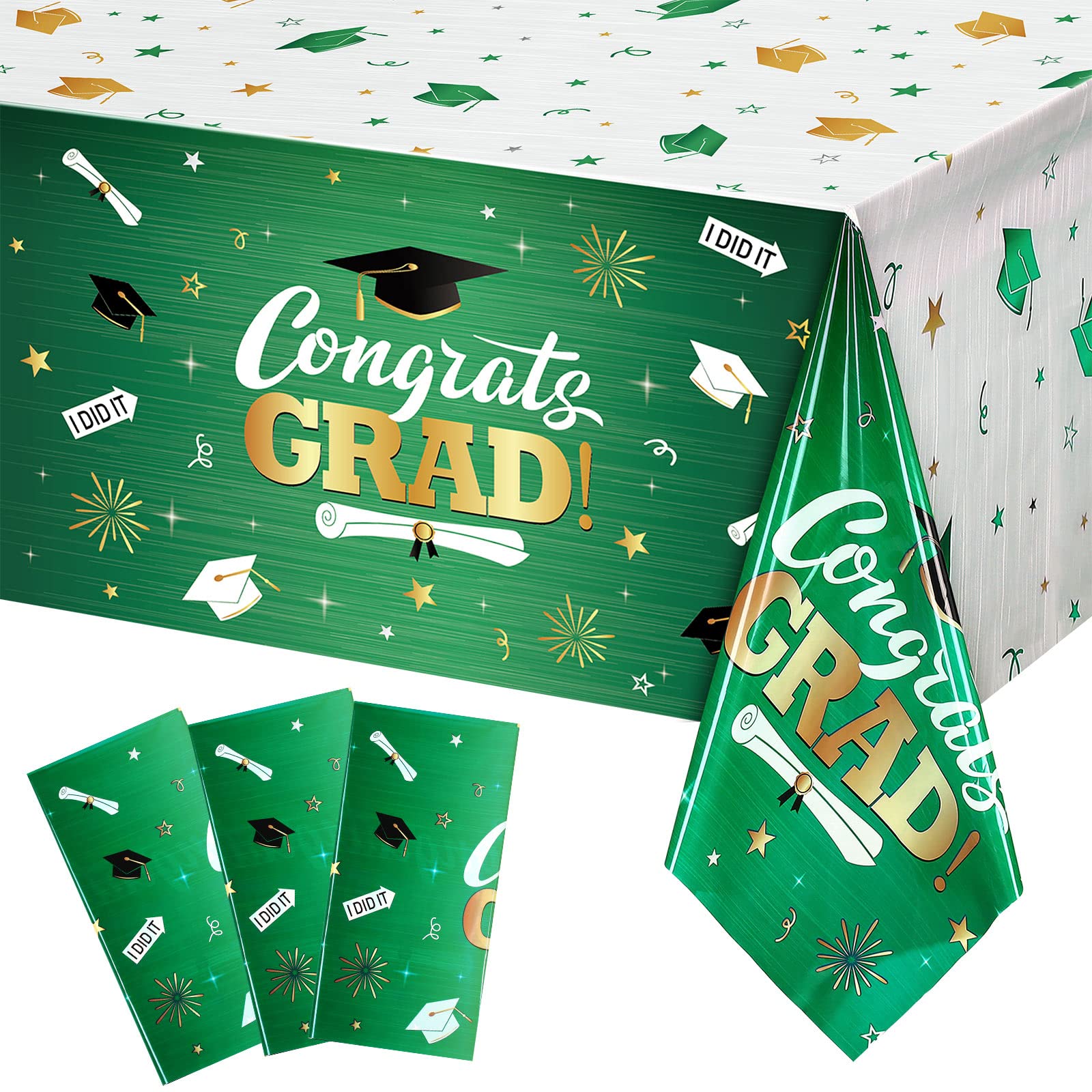 Tudomro 3-Pack Graduation Tablecloths - Class of 2023 Congratulations Grad Decorations for College & High School Prom Parties (Green) - Perfect for Graduation Ceremonies, Banquets & Celebration Decor