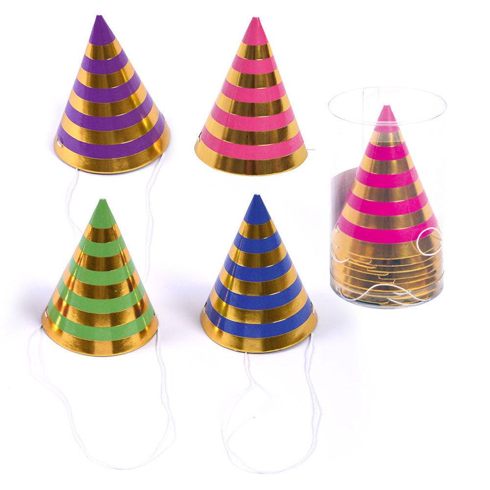 8-Pack 3 Bright Stripe Mini Hats with Hot Stamp - Perfect for Birthday Parties, Baby Showers, and Themed Events