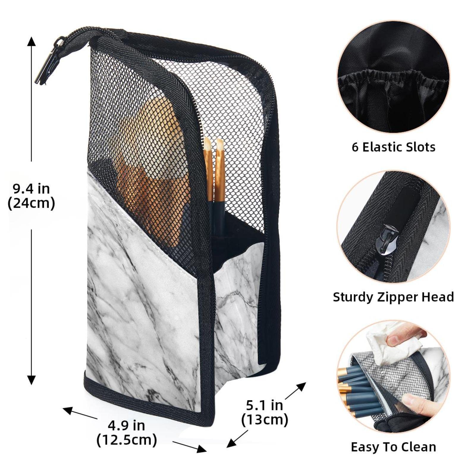 12-Piece Makeup Brush Organizer Bag - White Gray Marble Texture Portable Brush Holder Case | Travel Cosmetic Storage for Home & Professional Use