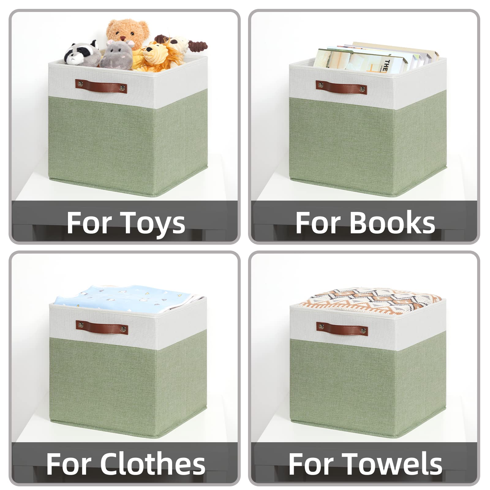 HNZIGE 13x13 Inch Fabric Cube Storage Bins Set of 4 - Collapsible Canvas Storage Baskets for Shelves, Closet Organizer, Nursery, Toy Storage - Green & White - Perfect for Home Organization, Kids Room & Office Storage