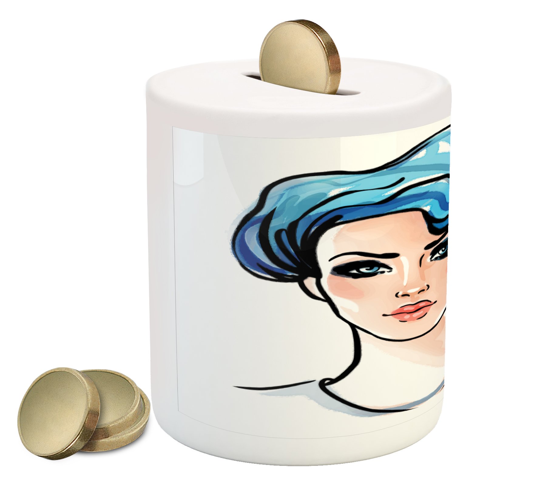 Ambesonne Zodiac Gemini Ceramic Piggy Bank - Ink & Watercolor Art Coin Bank for Cash Savings | Air Sign Money Box in Blue, Peach & Black | Perfect Gift for Young Women & Gemini Zodiac Lovers | Home Decor, Office Savings, Birthday Present Idea