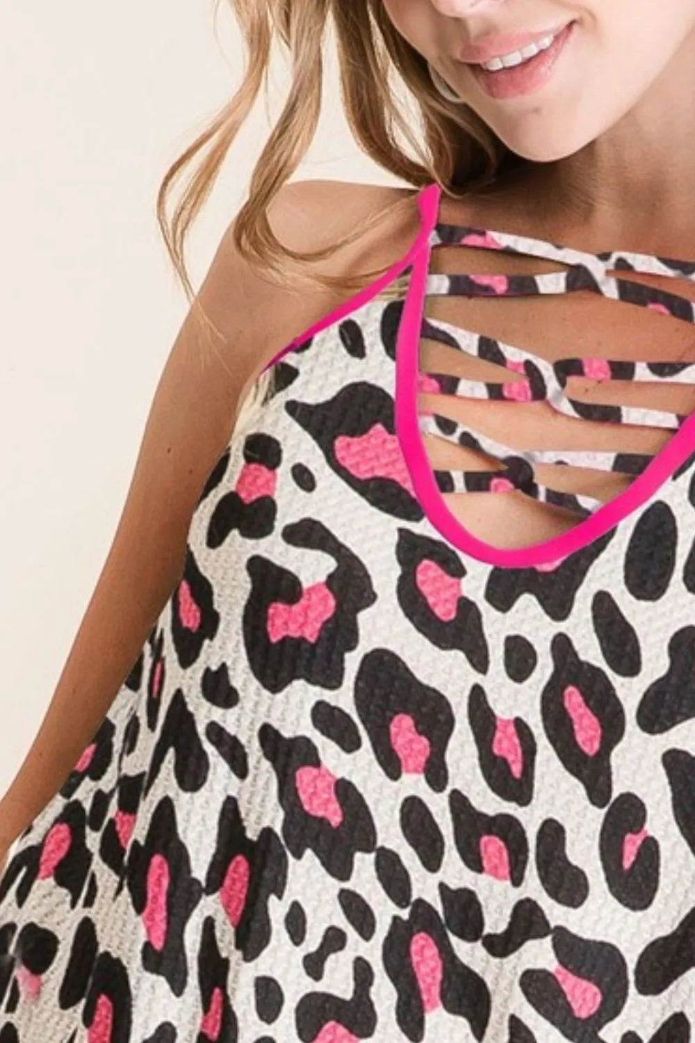 BiBi Leopard Print Caged Neck Knit Camisole Top - Sexy Animal Print Women's Tank Top for Night Out, Date Night & Summer Fashion