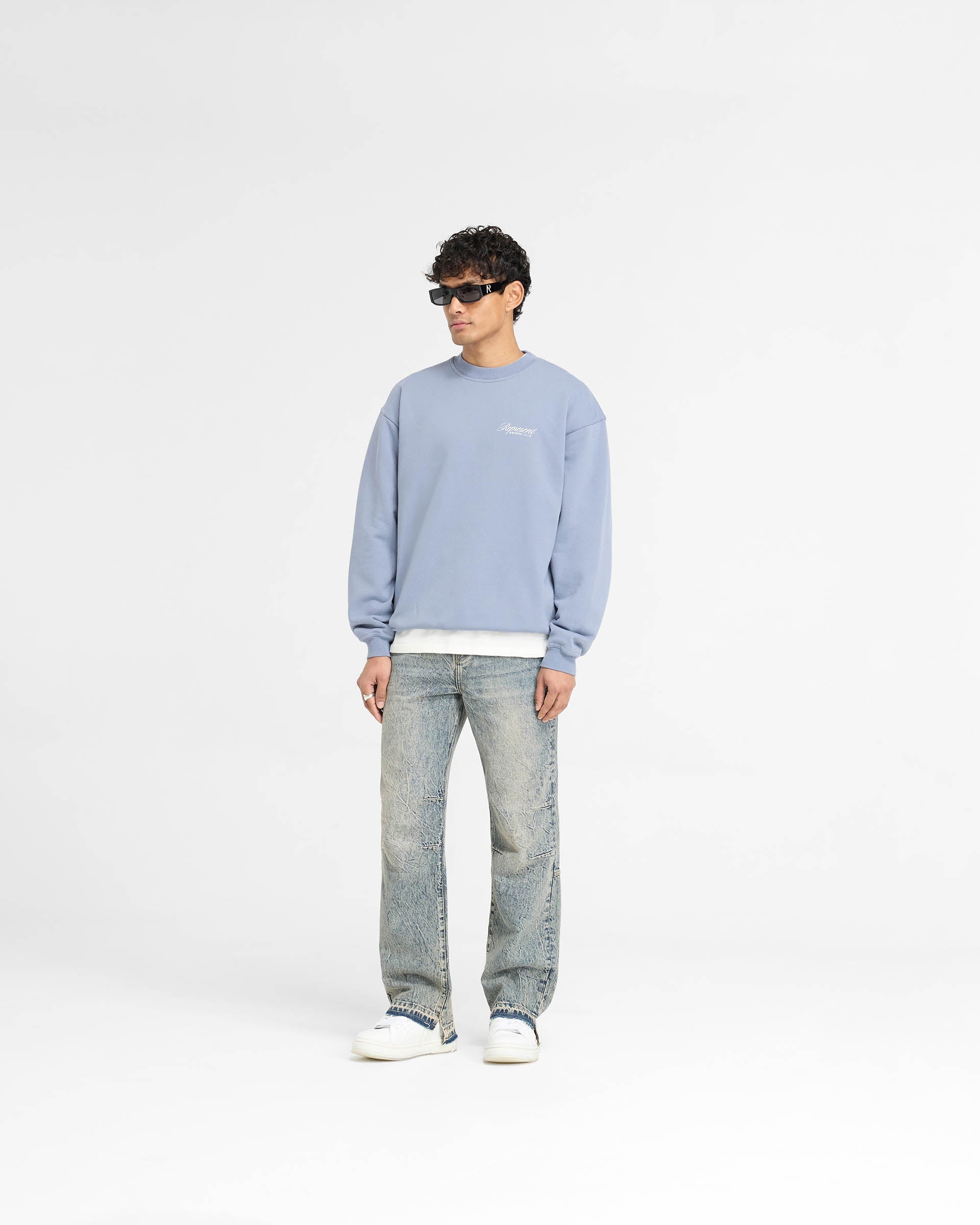 Represent Owners Club Script Sweater - Dusty Blue | Trendy Oversized Knit Pullover | Perfect for Streetwear & Casual Outfits