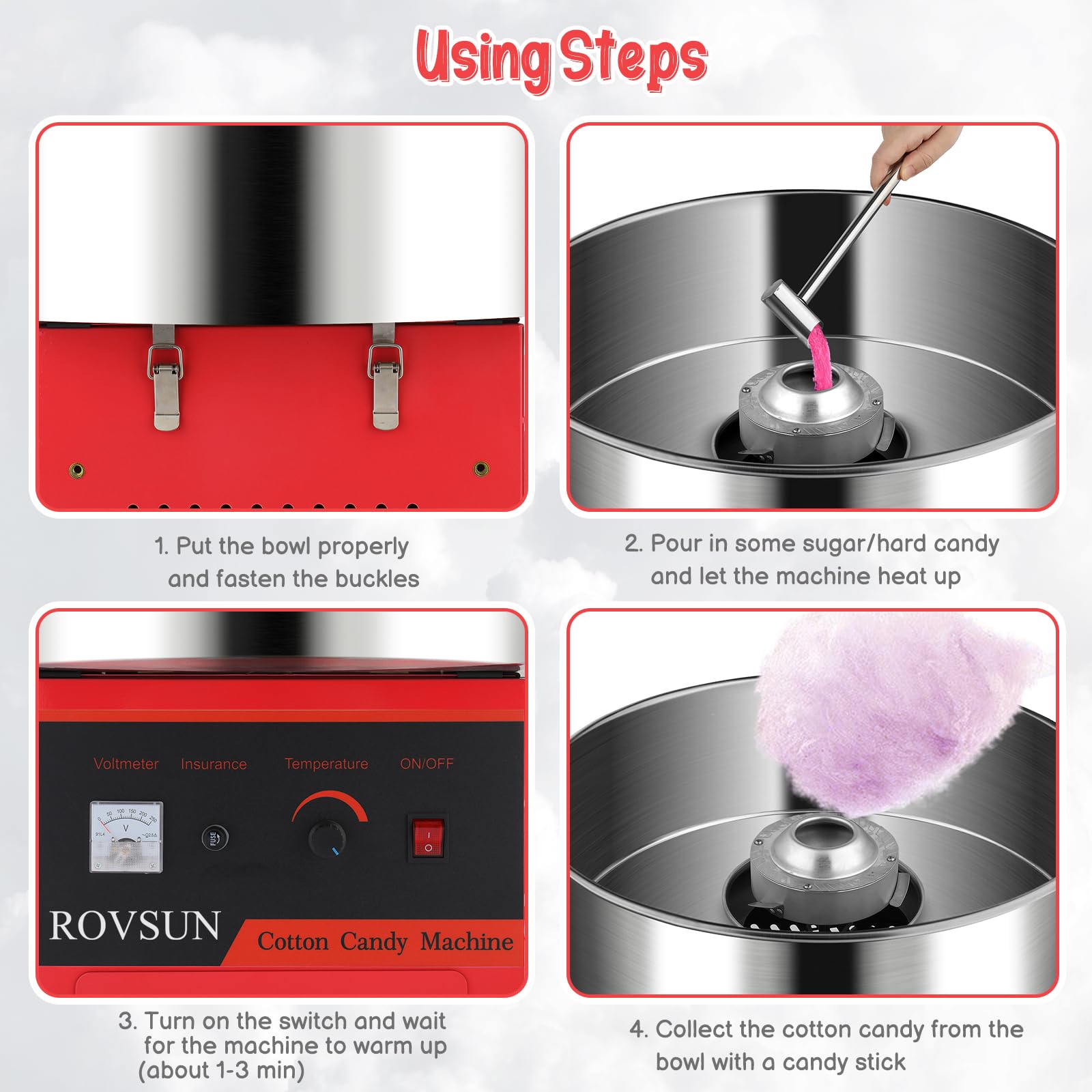 ROVSUN 21 Inch Commercial Cotton Candy Machine - Electric Candy Floss Maker with Stainless Steel Bowl, Cover, Sugar Scoop & Storage Drawer - Perfect for Parties, Carnivals, Fairs & Home Use (Red)