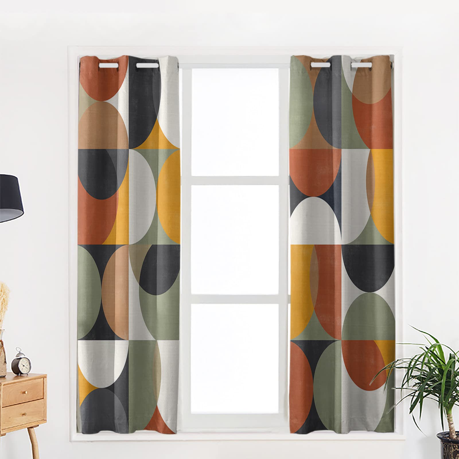 Mid Century Modern Curtains - Retro Orange Yellow Green Abstract Geometric Blackout Drapes for Living Room & Bedroom (2 Panels, 42x84 Inches) | Thermal Insulated Room Darkening Window Treatments for Home Decor & Privacy