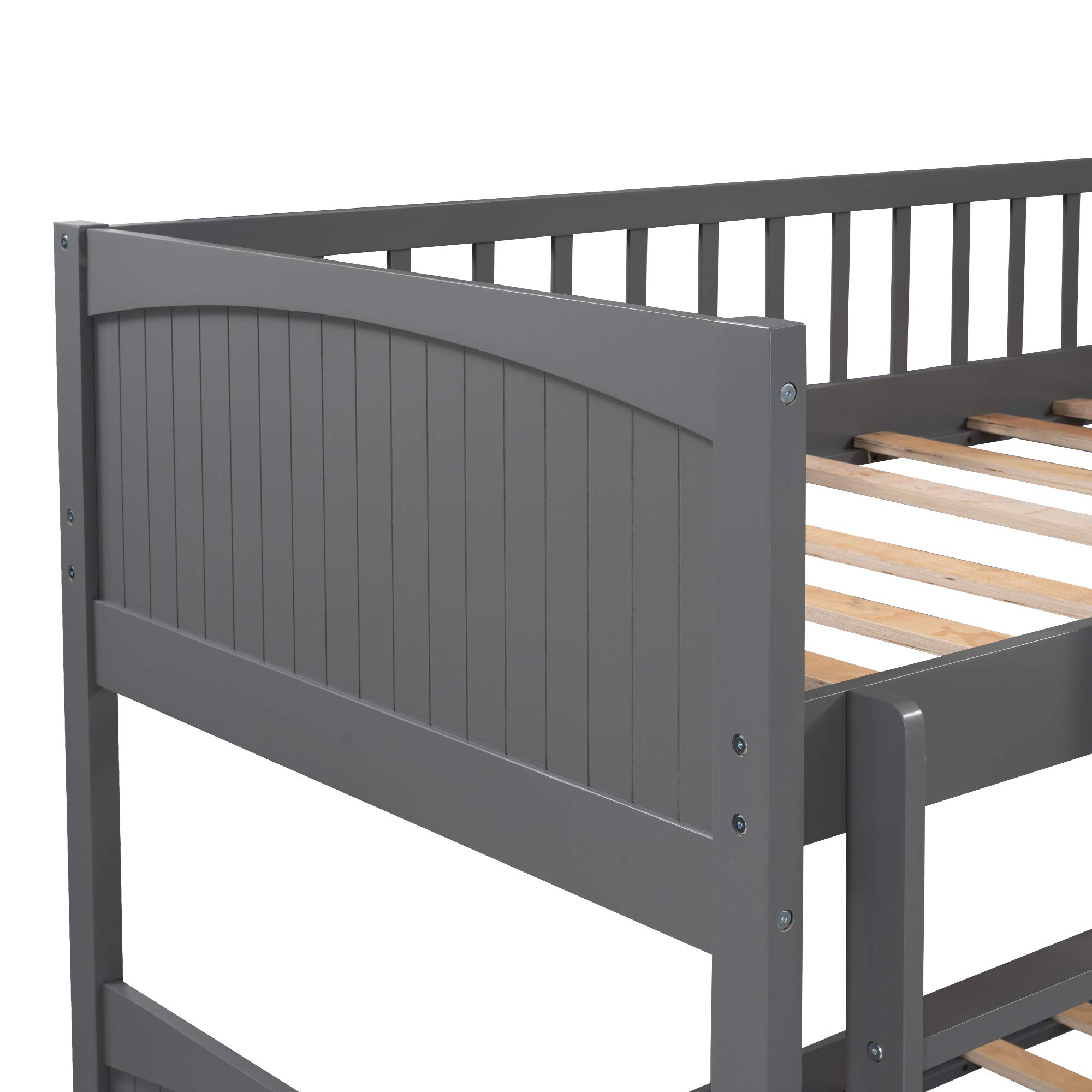 SOFTSEA Solid Wood L-Shaped Corner Bunk Bed for 3 Kids - Twin Over Twin Triple Bunk Bed with 2 Drawers & Loft Bed, Space-Saving Kids Bedroom Furniture (Gray) - Perfect for Small Rooms, Shared Kids Bedrooms & Vacation Homes