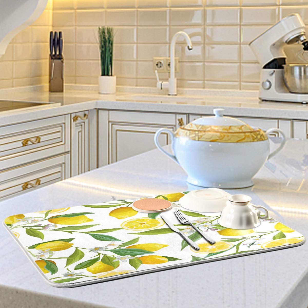 Lemon Flower Dish Drying Mat - Absorbent Microfiber Kitchen Pad (16x18