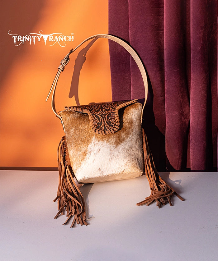 Trinity Ranch Genuine Hair-On Cowhide Tooled Western Shoulder Bag - Perfect for Rodeo, Country Music Festivals & Cowgirl Fashion