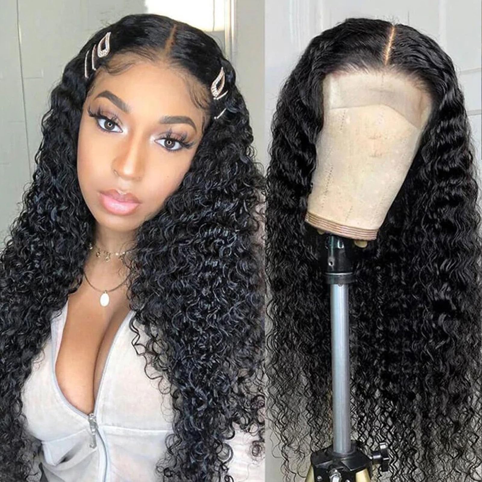 250% Density 13x4 Deep Wave Lace Front Wigs Human Hair - HD Transparent Deep Curly Lace Frontal Wig for Black Women - Pre Plucked Curly Wave Lace Front Wig (Natural Color, 22inch) - Perfect for Daily Wear, Special Occasions & Protective Styling
