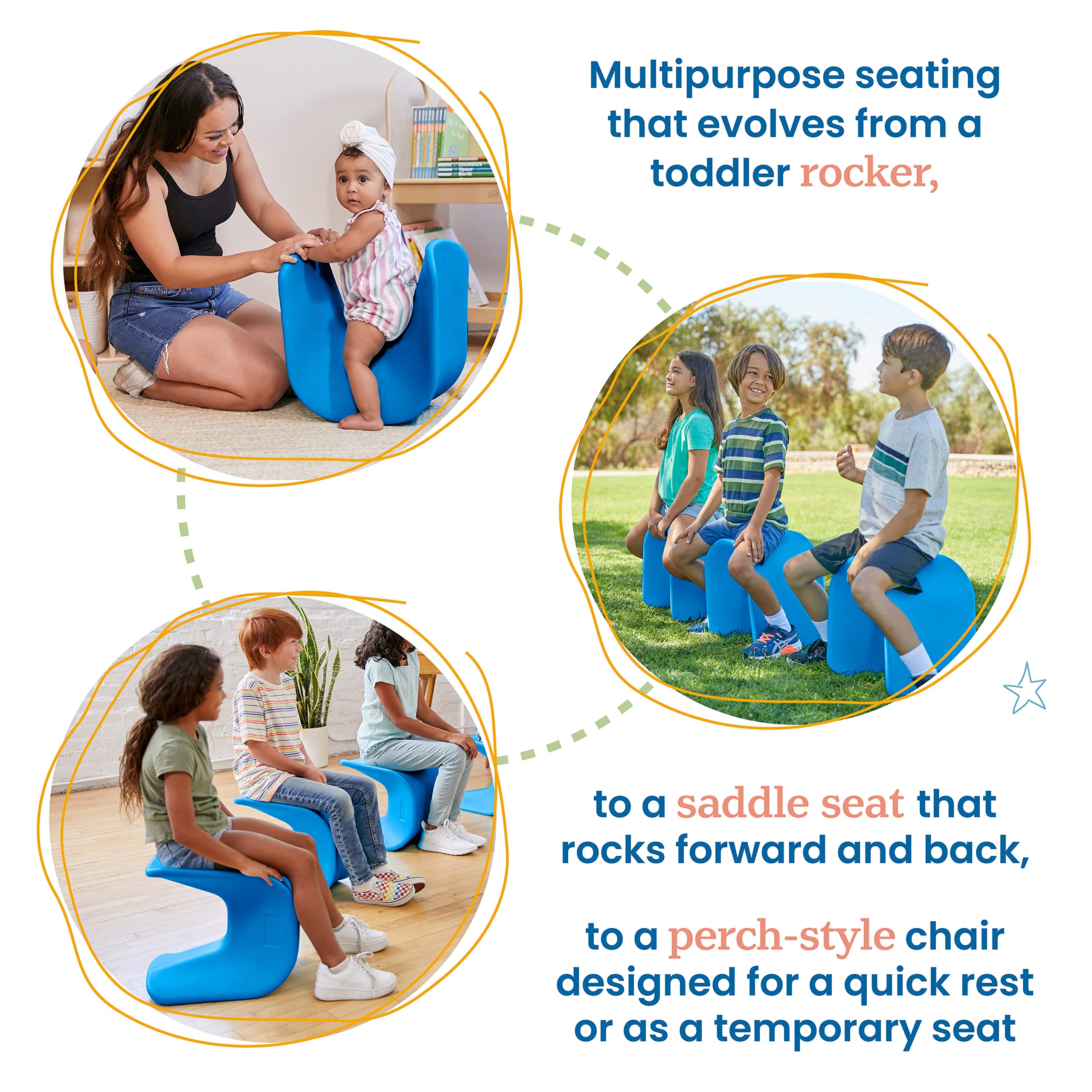 ECR4Kids Wave Seat - 14in to 15.1in Adjustable Height Wobble Stool, Blue (2-Pack) - Perfect for Classroom, Office & Home Use
