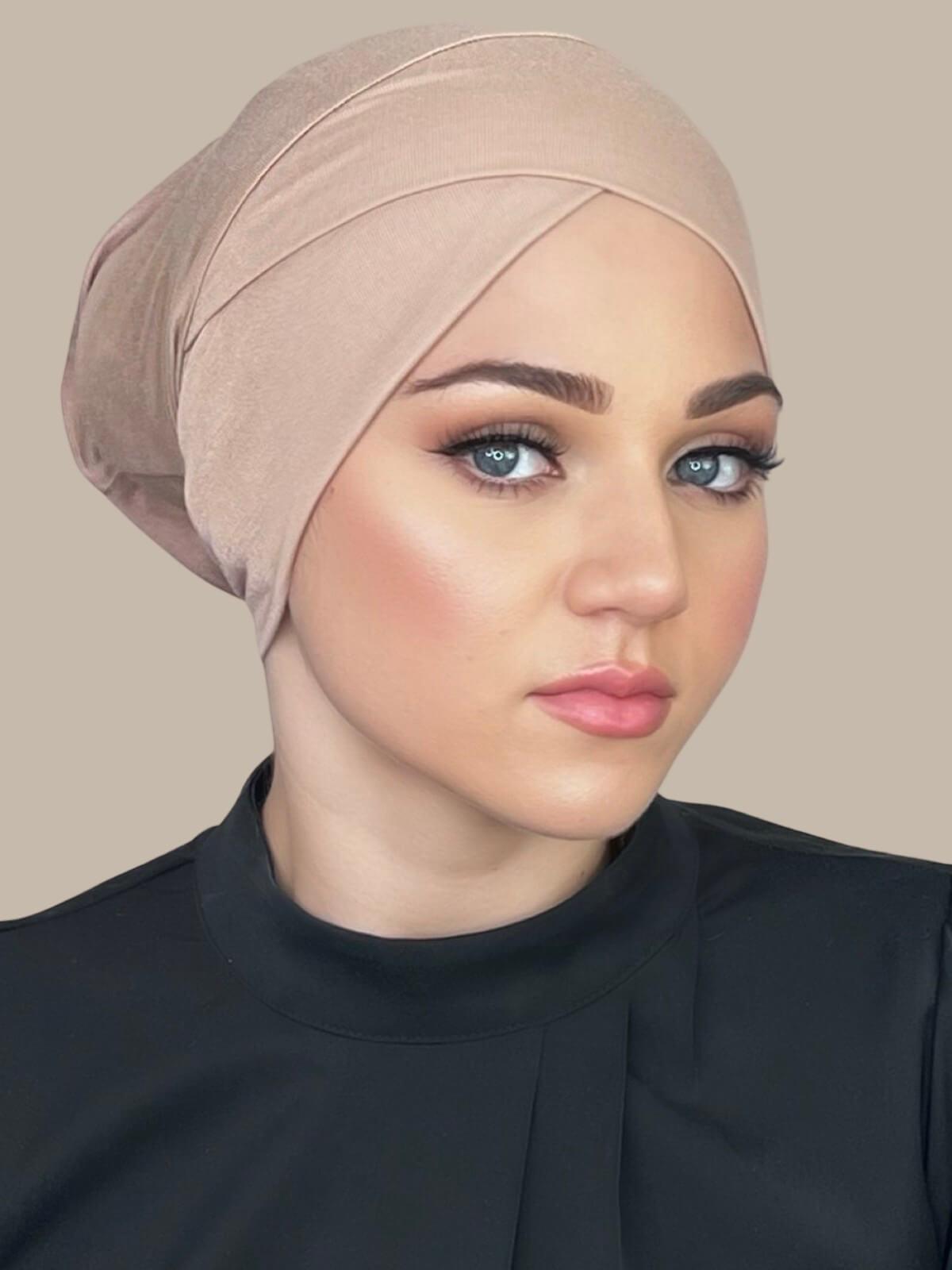 Premium Jersey Cross Front Underscarf for Women - Soft Warm Taupe Head Wrap - Perfect for Hijab, Prayer, Modest Fashion & Everyday Comfort
