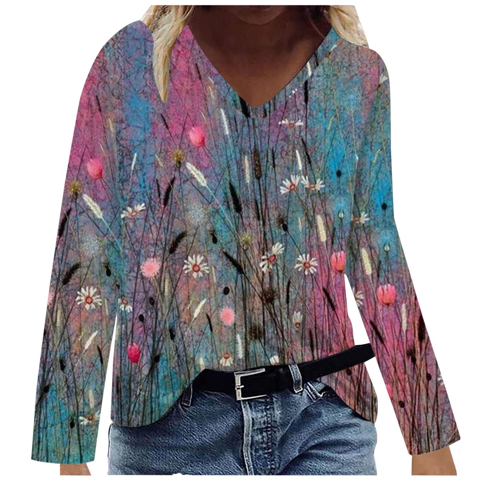 Women's Casual V-Neck Long Sleeve Tunic Top - Vintage Floral Print Loose Blouse for Fall - Comfortable Basic T-Shirt for Work, Date Night & Everyday Wear