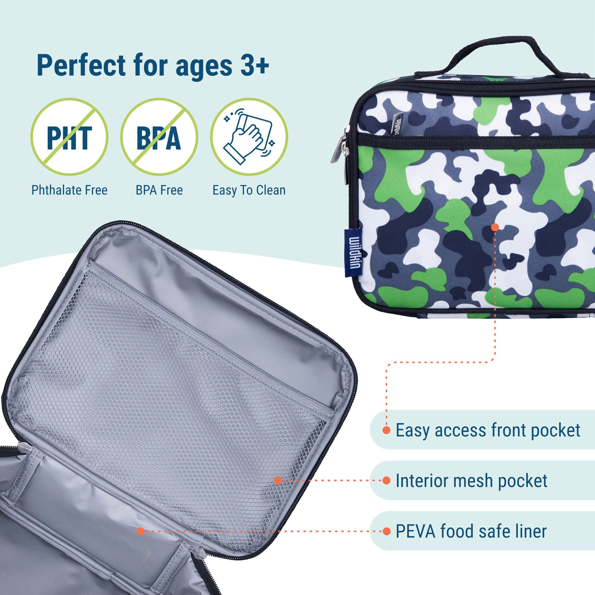 Wildkin 15 Inch Kids Backpack with Lunch Box Set - Green Camo Print | Durable School Backpack for Boys & Girls | Perfect for School, Travel & Outdoor Adventures
