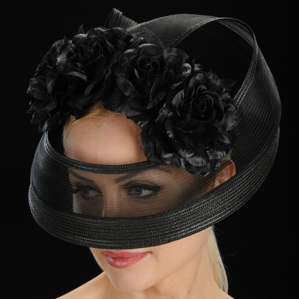 Elegant Black Mesh Straw Fascinator Hat with Satin Flowers for Women - Perfect for Weddings, Tea Parties, and Special Occasions