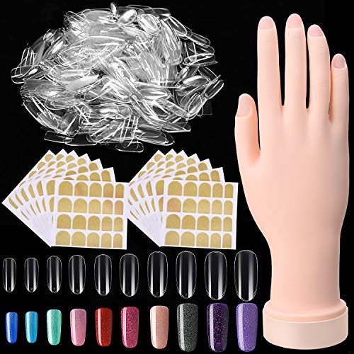 Professional Manicure Practice Hand with 500 Acrylic False Nails & 25 Double-Sided Adhesive Tabs - Flexible Nail Training Model for Beginners - Perfect for Salon Practice, Nail Art Design & DIY Home Manicures (Transparent)