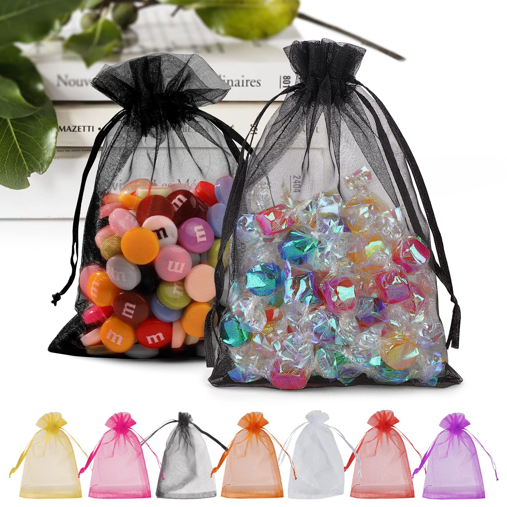 50PCS Black Organza Gift Bags 5x7 Inch - Small Drawstring Mesh Favor Bags for Wedding, Party, Candy & Jewelry - Sheer Organza Pouches for DIY, Bridal Shower, Baby Shower & Holiday Gifts