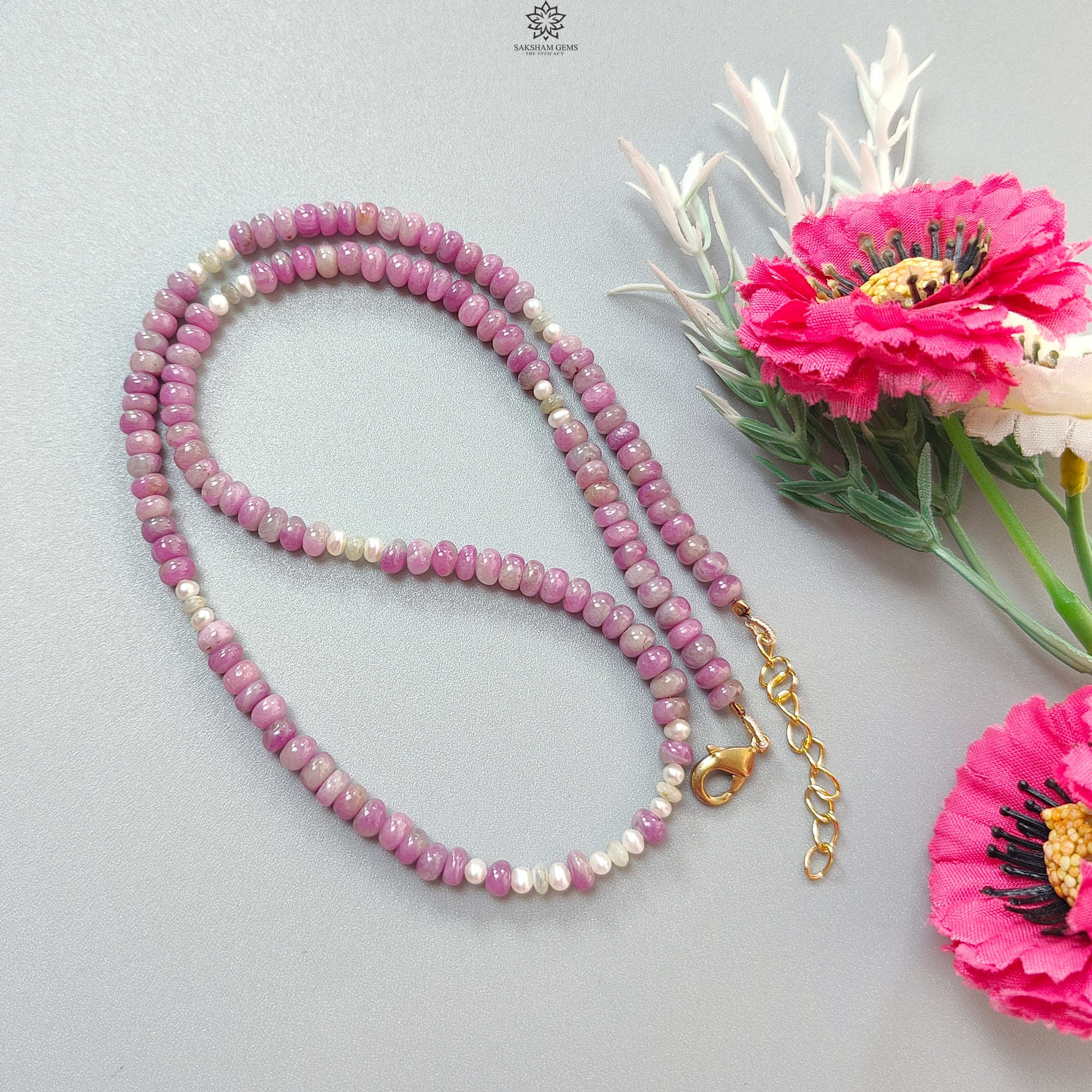 Natural Ruby Gemstone Beads Necklace - 21.85g Untreated Ruby with White Pearl & Cat's Eye Brass Rondelle Beads (4.5mm-5mm, 18