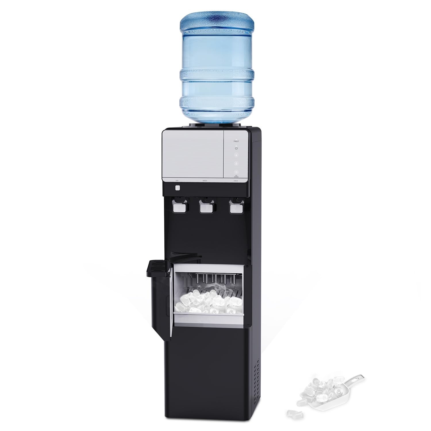 Top Loading Water Cooler Dispenser with Ice Maker - 3/5 Gallon Capacity, 3 Temperature Settings, 27 lbs Ice Production in 24 Hours - Fast 9 Ice Cubes Every 5-7 Minutes - Child Safety Lock (Black) - Perfect for Home, Office, and Commercial Use