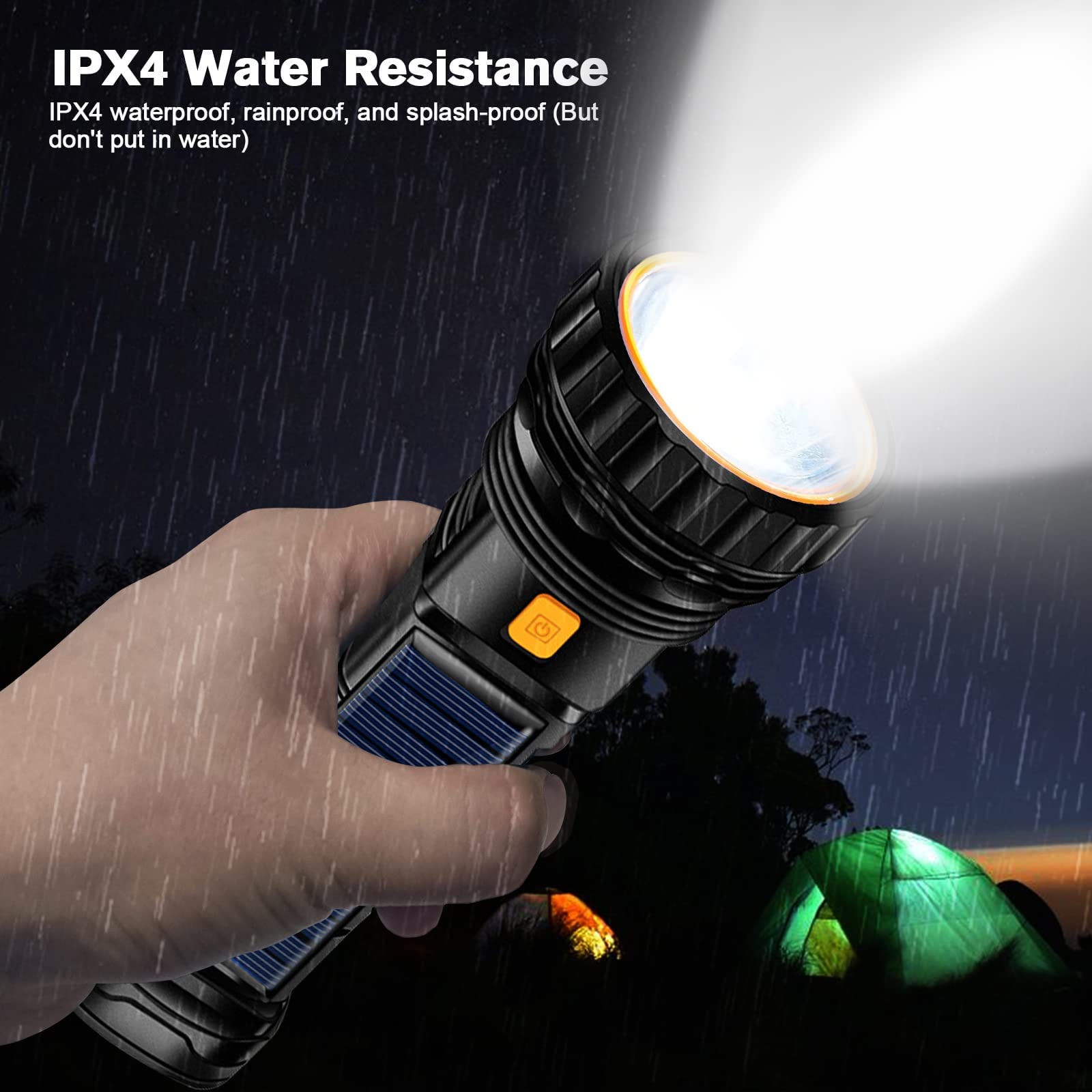 **1000 Lumens Solar/Rechargeable LED Flashlight with Emergency Strobe Light, 1200mAh Battery & USB Charging Cable – Fast Charging, Portable Power Supply for Camping, Hiking & Emergency Preparedness**