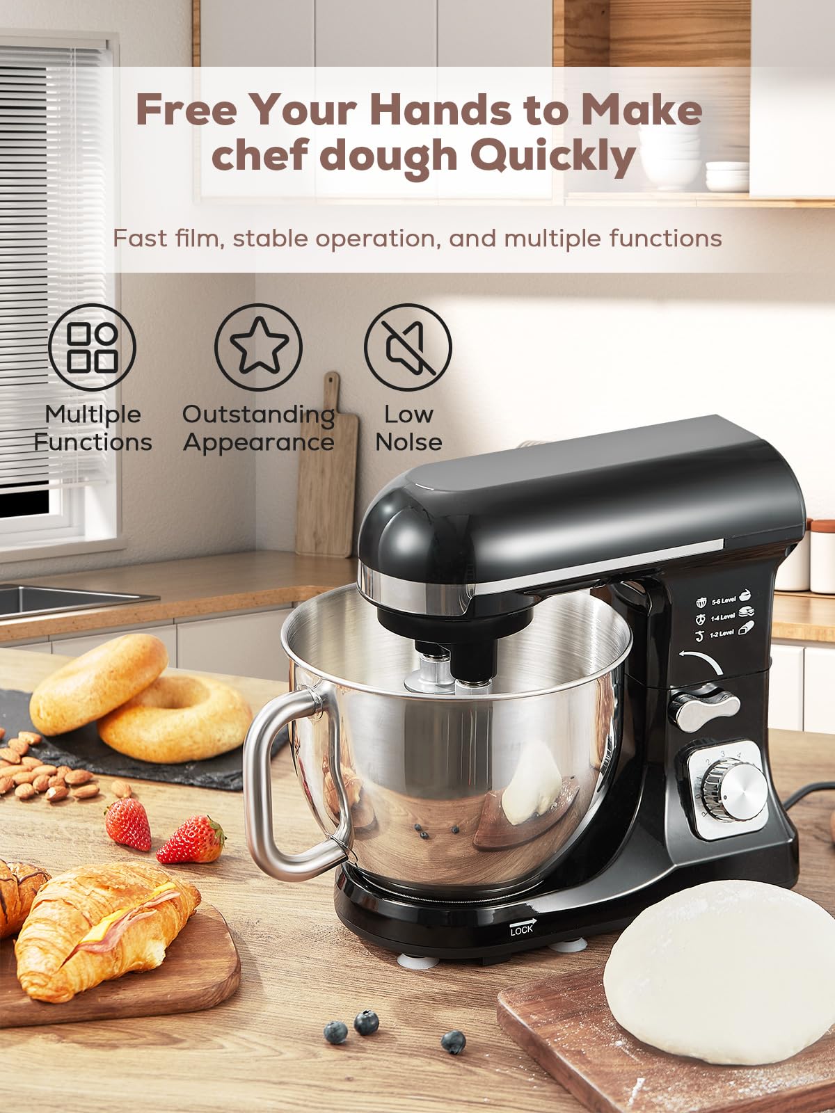 Fohere 6+ Speed Stand Mixer with Tilt-Head - Includes Double Dough Hook, Wire Whip & Beater - 4.5QT Stainless Steel Bowl with Handle & Pouring Shield - Perfect for Baking Bread, Cakes & Cookies - Dishwasher Safe (Black) - Ideal for Home Bakers & Kitchen Enthusiasts