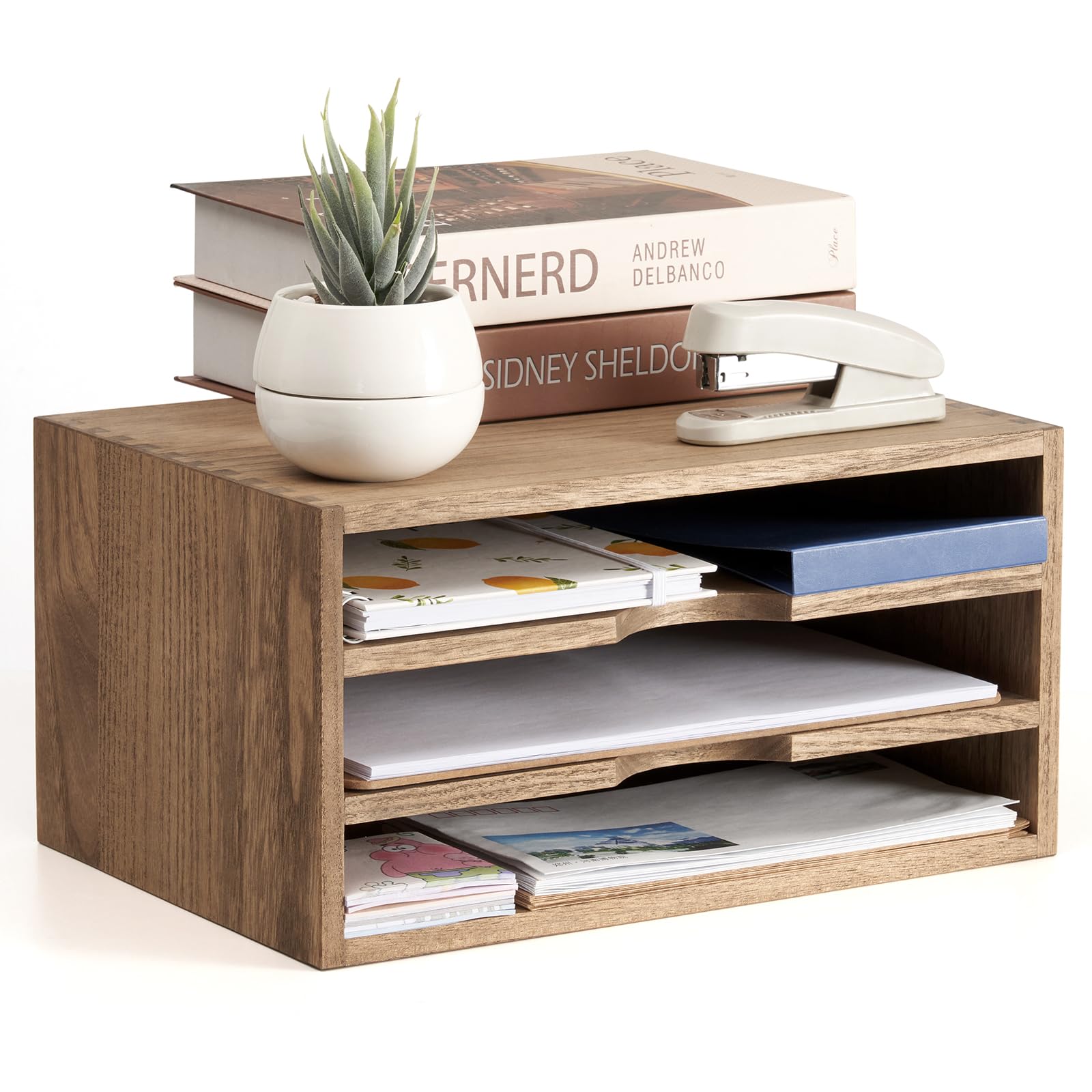KIRIGEN 3-Tier Wooden Desktop Organizer - Paper Storage Letter Tray, File Sorter & Magazine Holder for Home Office Organization - Dark Brown Desk Accessory (Perfect for Bills, Mail, Documents & Office Supplies)