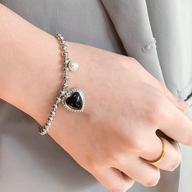 Silver Bead Black Puffed Heart Bracelets for Women - Trendy Adjustable Charm Bangle for Valentine's Day, Anniversary, Party & Everyday Wear | HB585