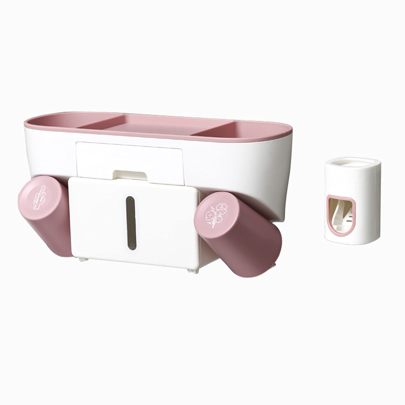 **GYAM Wall Mounted Toothbrush Holder with Automatic Toothpaste Dispenser - Multifunctional Bathroom Organizer with 2 Cups, Cosmetic Drawer & Storage Shelf - Pink - Perfect for Small Bathrooms & Vanity Organization**