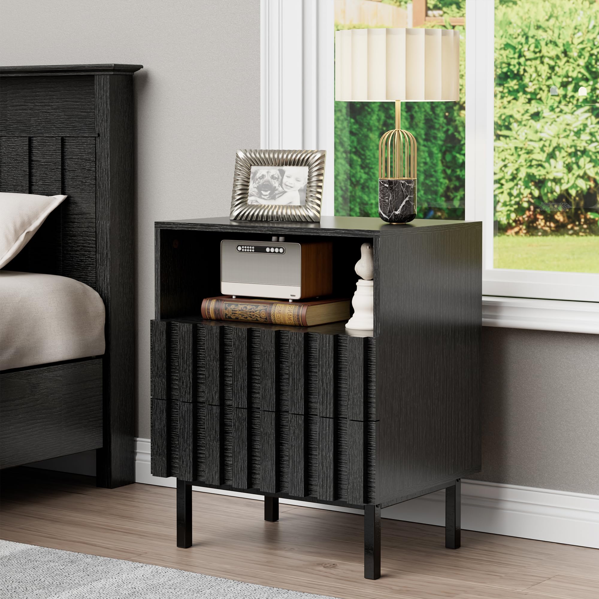 Black 9-Drawer Dresser and Nightstand Set - Modern Fluted Bedroom Chest of Drawers with Matching Nightstands (3-Piece) | Perfect for Master Bedroom, Guest Room & Apartment Furniture