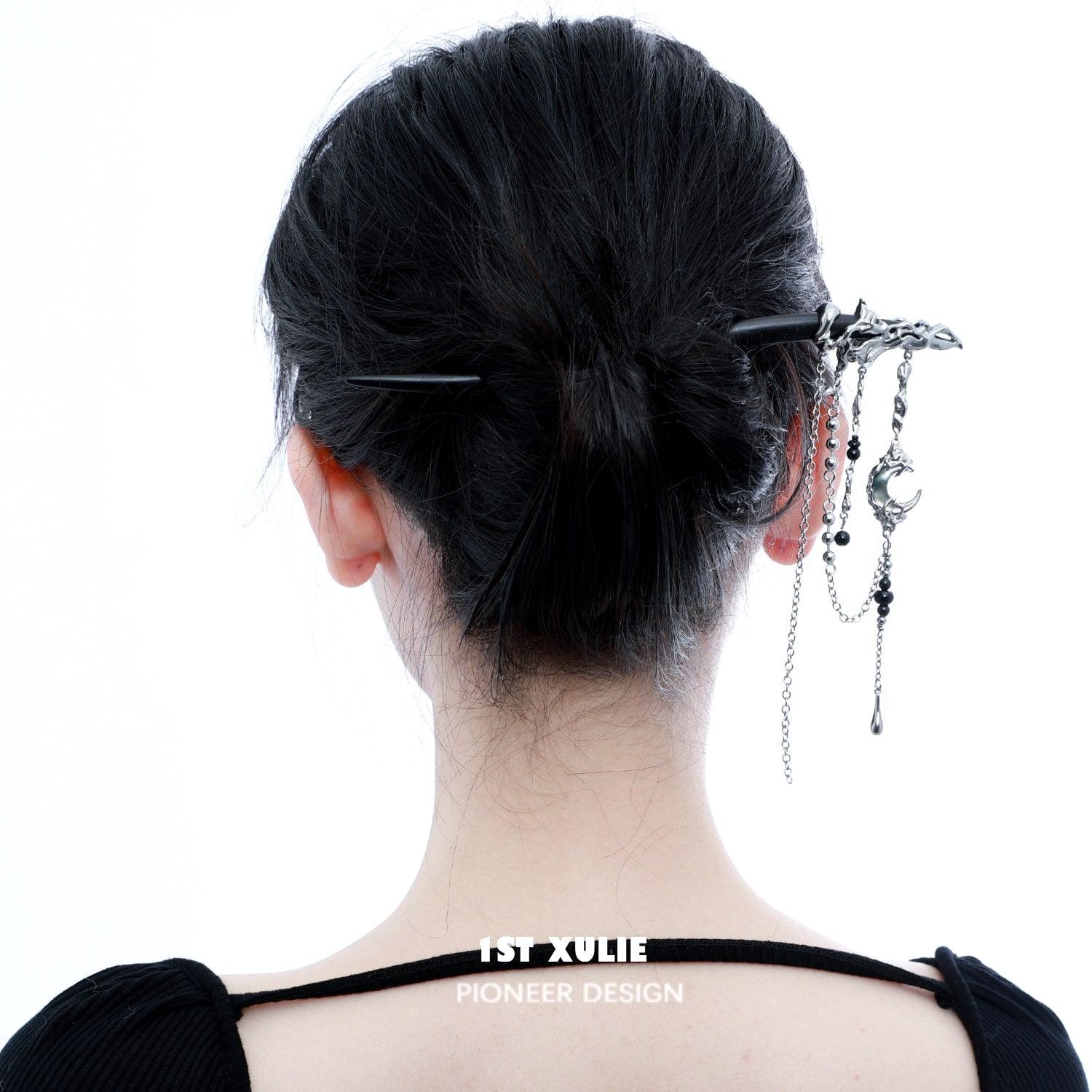 18k Platinum Plated Ebony Hairpin - MYTH OF THE MOON Hair Accessory for Women | Elegant Bridal Hair Sticks, Vintage Updo Styling, Traditional Asian Hairstyles, Wedding & Special Occasion Hair Jewelry