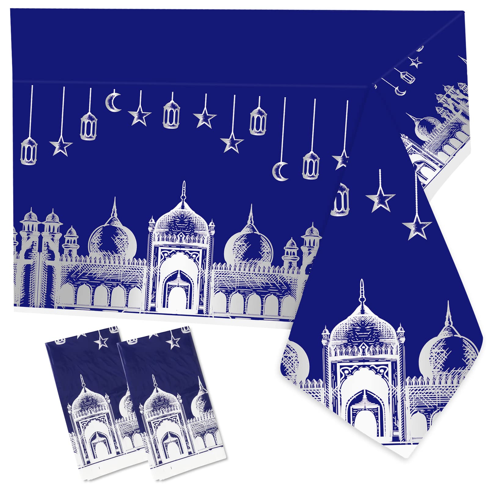 2 Pack Ramadan Mubarak Disposable Plastic Tablecloths - Blue & Silver Eid Party Decorations for Muslim Celebrations, Iftar Dinners & Family Gatherings
