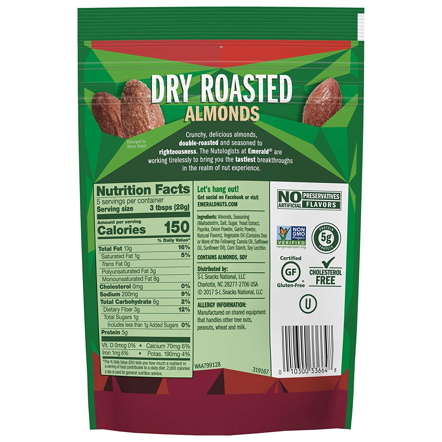 Premium Emerald Dry Roasted Almonds, 5oz (6-Pack) - Resealable Stand-Up Bag for Freshness - Healthy Snack for Office, Gym & Travel