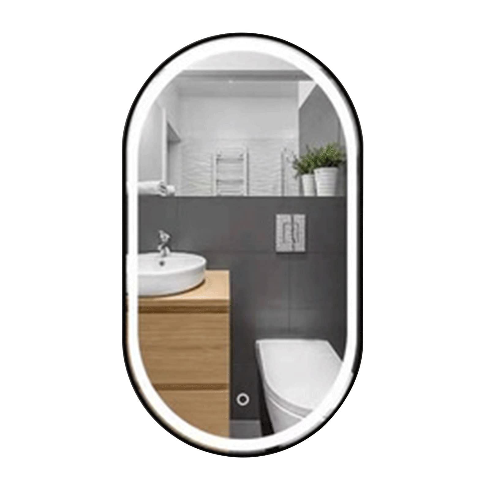 LAMZH 50x90cm Oval LED Backlit Bathroom Mirror with Touch Control - Wall Mounted Makeup Mirror with Time & Temperature Display, Black - Perfect for Hallway, Bathroom & Vanity Lighting