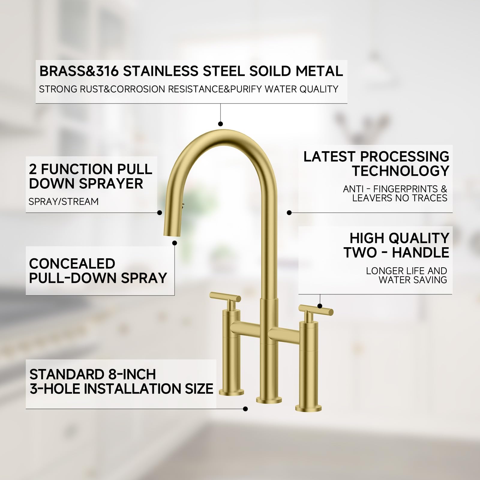 ARRISEA Brushed Gold Bridge Kitchen Faucet - 3 Hole, Pull Down Sprayer for Farmhouse Sinks