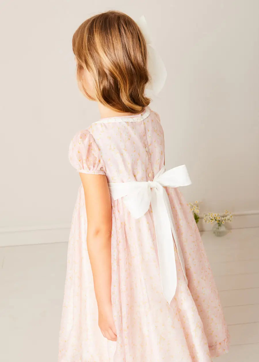 Constance Floral Hand Smocked Short Sleeve Party Dress for Girls in Pink - Sizes 12 Months to 10 Years | Perfect for Birthday Parties, Easter, Christmas & Special Occasions