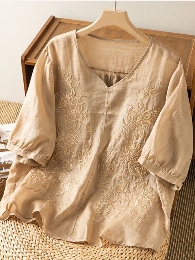 Lovevop Women's Cotton Embroidered Loose Fit Vintage Shirt - Breathable Summer Blouse for Casual Outings & Boho Style Fashion