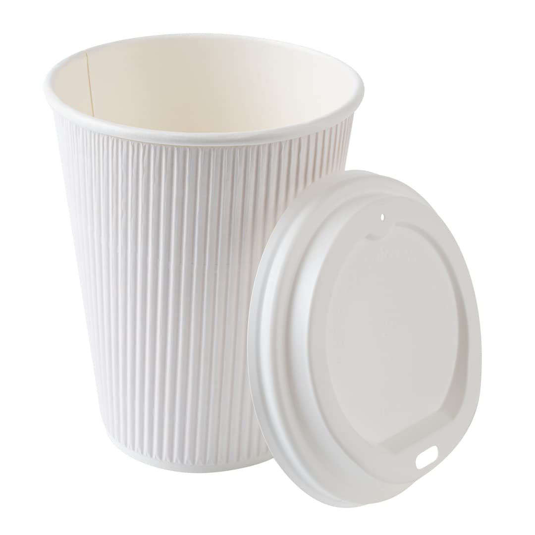 Restaurantware 12oz Insulated Coffee Cups with Lids - 200 Count White Disposable Paper Hot Cups, Leakproof & Non-Slip Design for Coffee, Tea, Hot Chocolate & Lattes - Perfect for Cafes, Offices & Catering Events