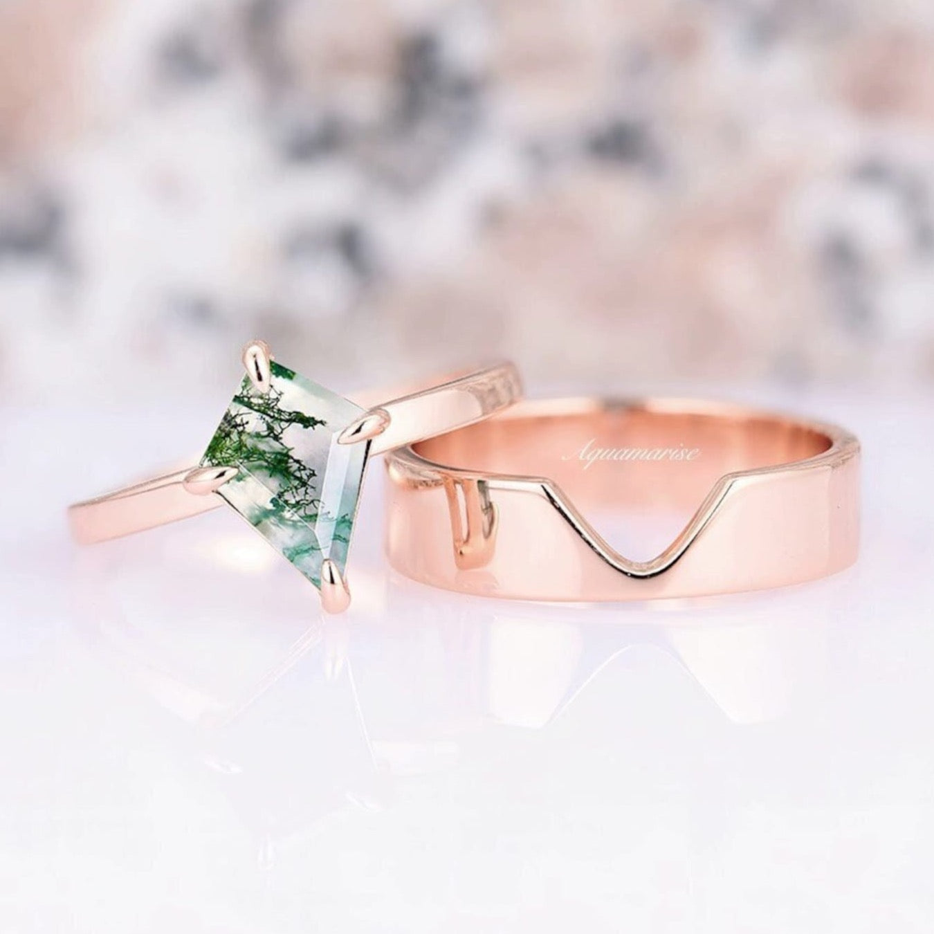 Kite Green Moss Agate Couples Ring - Matching Wedding Bands for Him & Her - Perfect for Anniversaries, Engagements, and Romantic Gifts