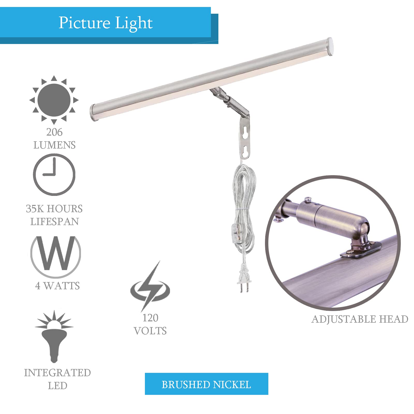 Ciata 14-Inch LED Picture Light for Wall Art - 3000K Warm White, 4W Adjustable Metal Frame Light with Inline On/Off Switch, 90+ CRI, Brushed Nickel Finish - Perfect for Galleries, Museums & Home Decor