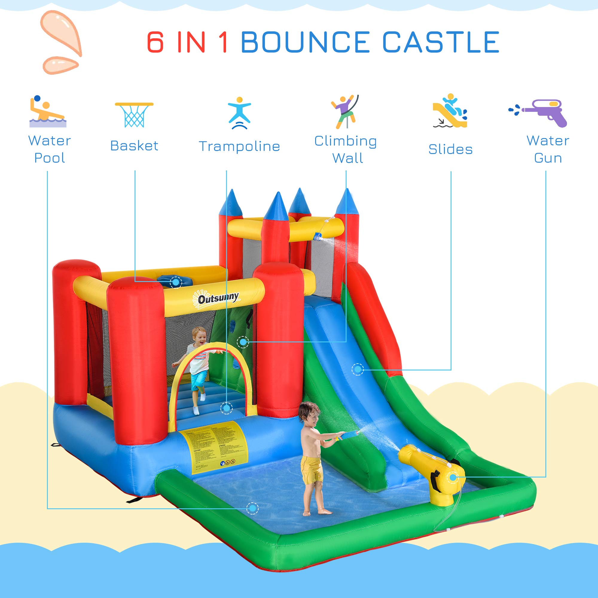 Outsunny 6-in-1 Inflatable Bounce House with Water Slide, Pool, Water Cannon & Climbing Wall - Kids Outdoor Water Play Toy for Backyard, Birthday Parties & Summer Fun - Includes Air Blower & Repair Kit