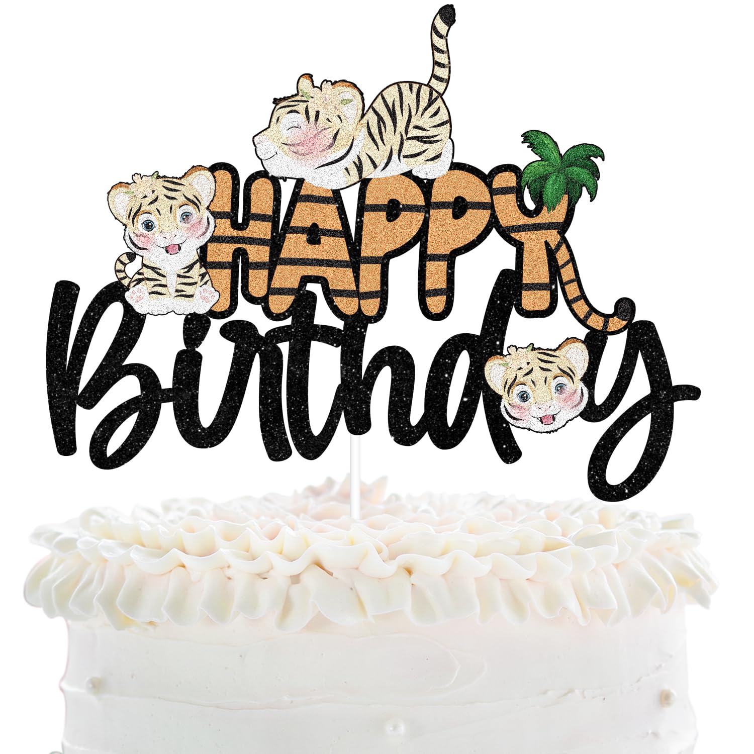 Jungle Safari Animal Birthday Cake Topper - Glitter Cartoon Tiger Decor for Baby Shower & Kids Party Supplies | Perfect for Jungle Theme Birthday Cakes, Wild Animal Decorations, and Baby's First Birthday Celebrations