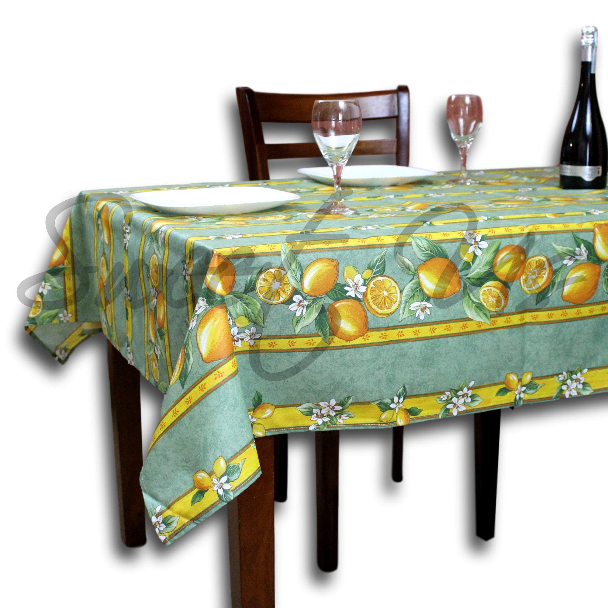 La Cigale Citron Wipeable Spill-Resistant Acrylic Coated Floral Cotton French Provencal Tablecloth - 60 x 116 Inch Green - Perfect for Indoor Dining, Outdoor Picnics & French Country Decor