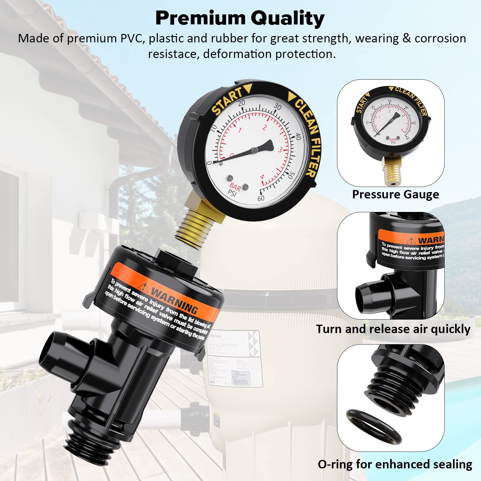 Pool Filter Air Relief Valve with Pressure Gauge - Manual Air Release Valve for Swimming Pool and Spa Filters - Replacement Kit Includes Gauge Plug, O-Rings & Clips - Perfect for Hayward, Pentair & Other Pool Filter Systems - Easy Maintenance & Water Pressure Regulation