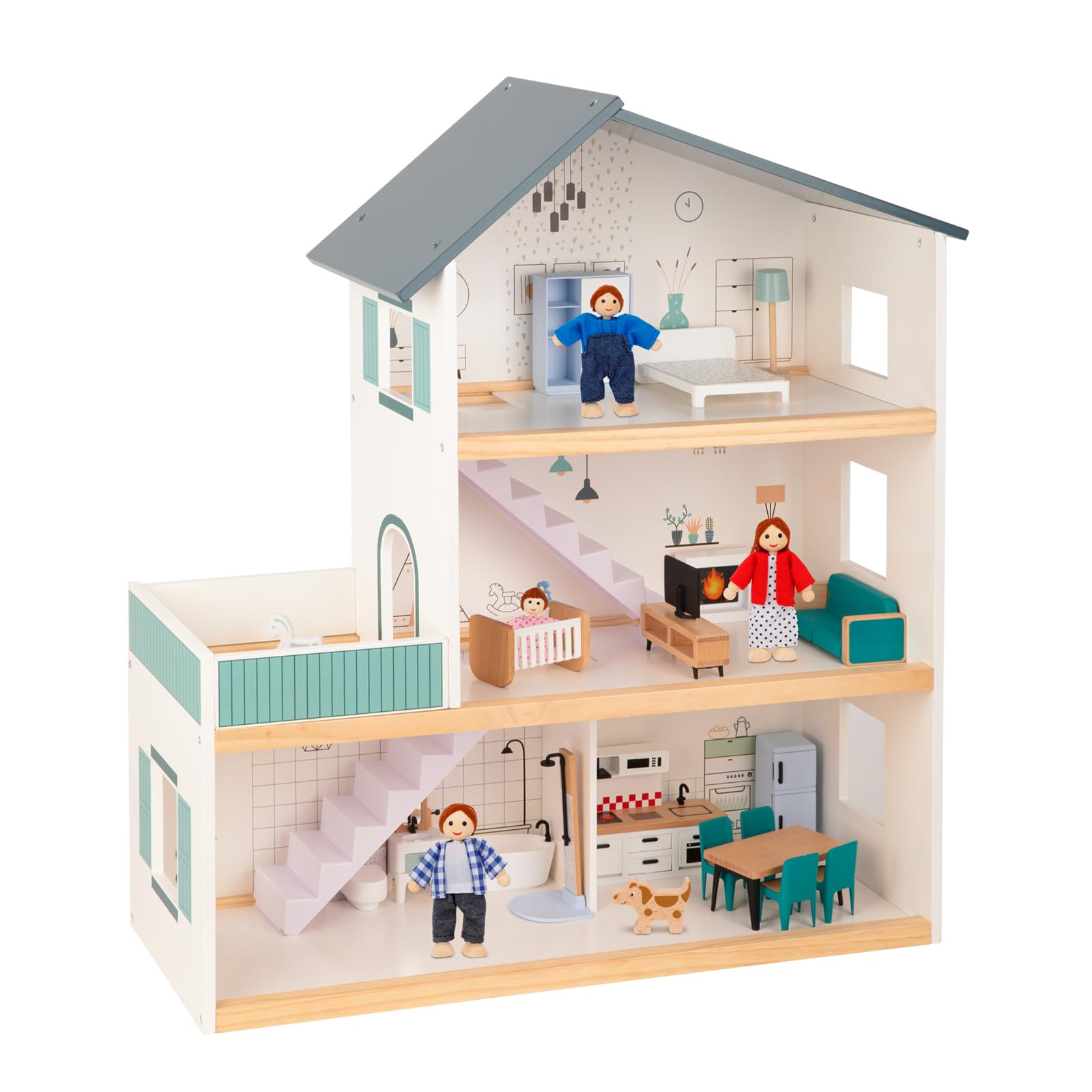 Wooden Dollhouse for Kids with Luxury Furniture Set - Includes 4 Family Dolls & Pet Dog - Perfect for Girls & Toddlers Pretend Play, Birthday Gifts & Home Decor