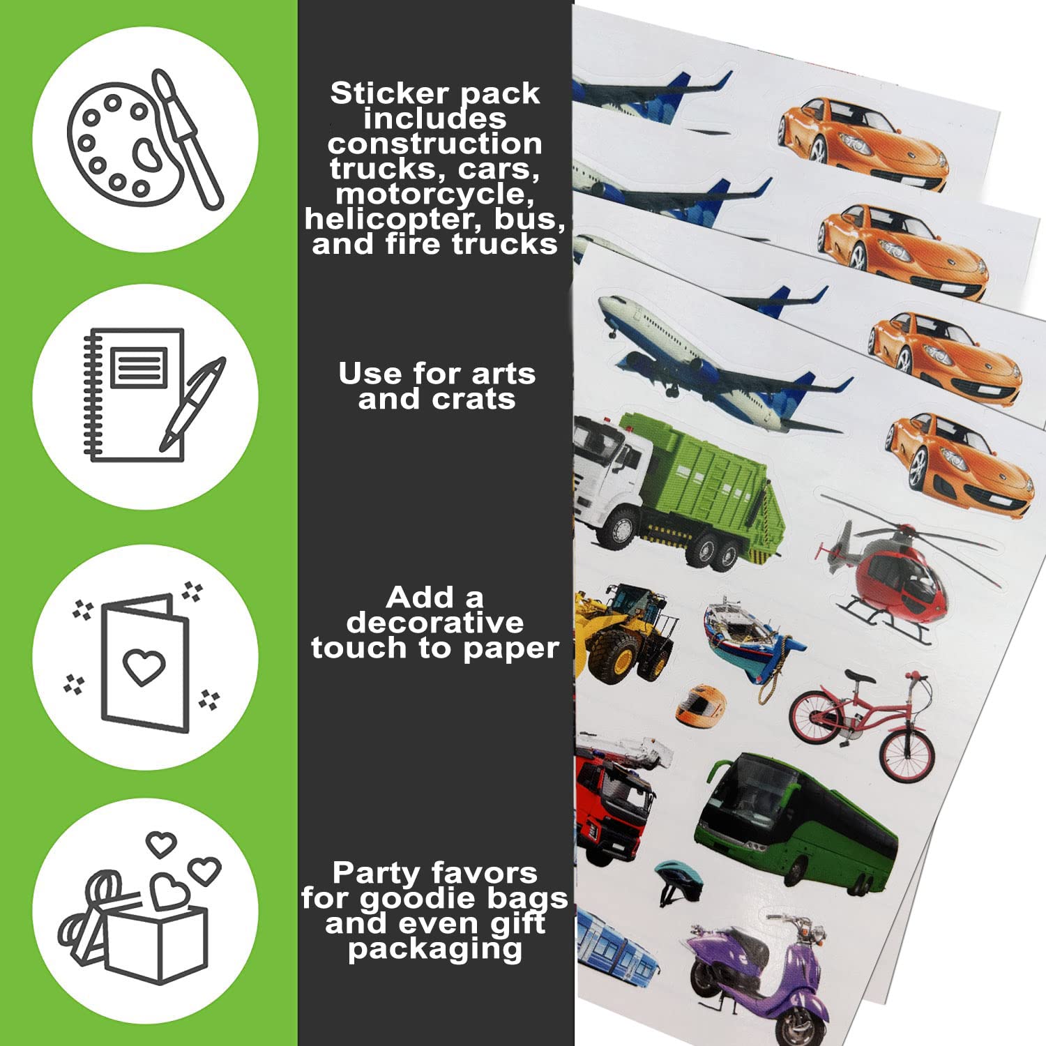 60 Pack Kids Vehicle Stickers for Arts and Crafts - Cars, Trucks, Motorcycles, Buses & Fire Trucks - Perfect for Party Favors, School Activities & Classroom Learning