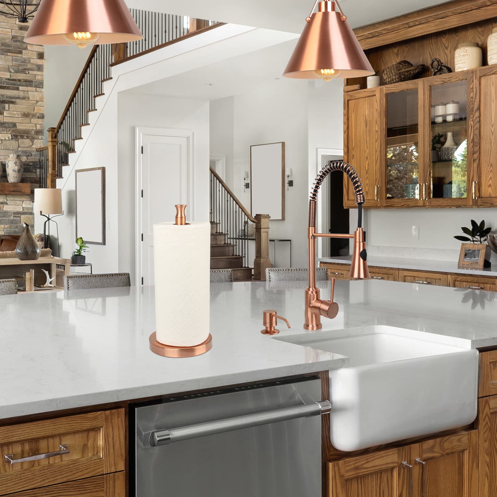 Premium Akicon Copper Paper Towel Holder Stand for Kitchen Countertop & Dining Table - Modern Home Decor for Kitchen, Bathroom, and Office Use
