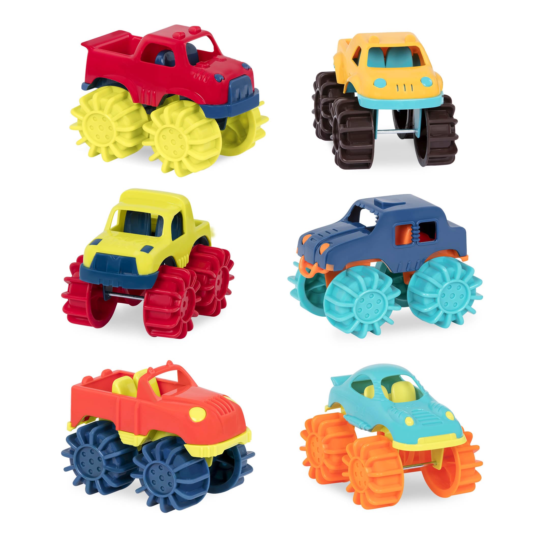 B. Toys - 6-Pack Plastic Toy Cars with Storage Bag | Colorful Mini Monster Trucks for Toddlers 2+ Years | Easy to Clean | Perfect for Playtime, Birthday Gifts & Preschool Learning Activities