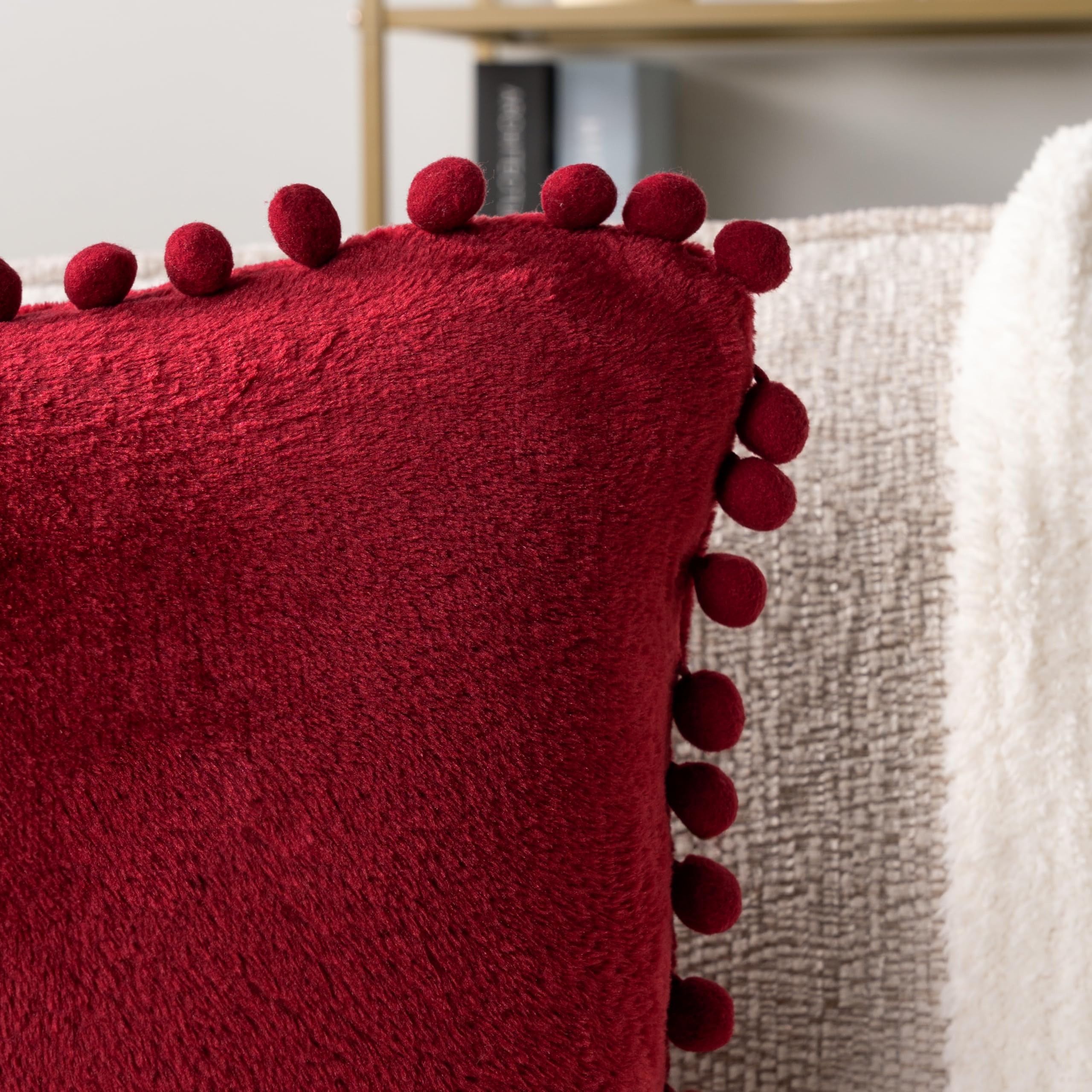 PAVILIA Burgundy Red Velvet Throw Pillow Covers 20x20 Inches - Set of 2 Decorative Pom Pom Pillow Cases for Sofa, Couch & Bedroom Decor | Soft Euro Plush Cushion Covers for Living Room, Bed Aesthetic & Home Styling